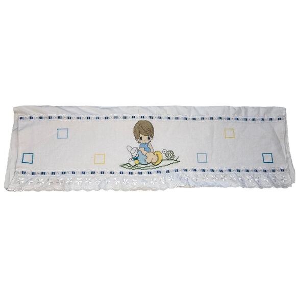 Vtg Precious Moments Baby Blanket Sheet Baby Boy Cross Stitch Embroidered Lace - Picture 1 of 5